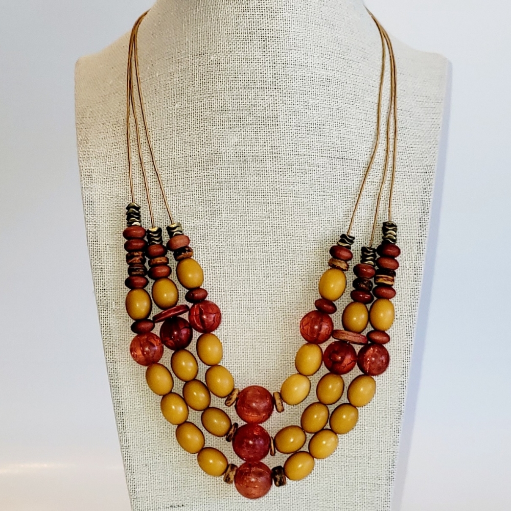 Tri-stand Beaded Primal Boho Necklace, New, Sunset Tone Colors